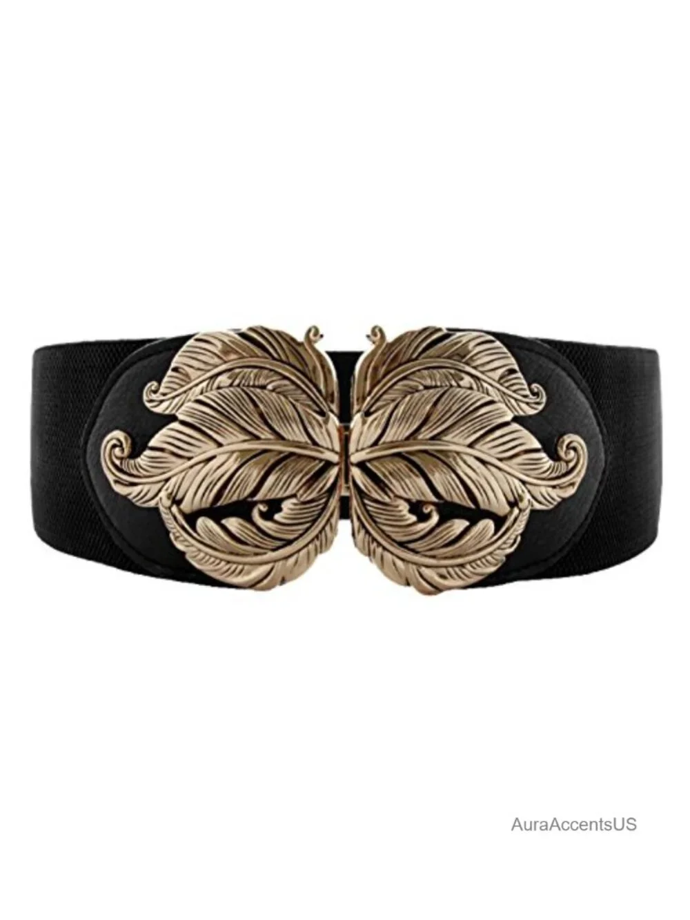 Vintage Stretch Wide Waist Belt Faux Leather Metal Leaf Buckle